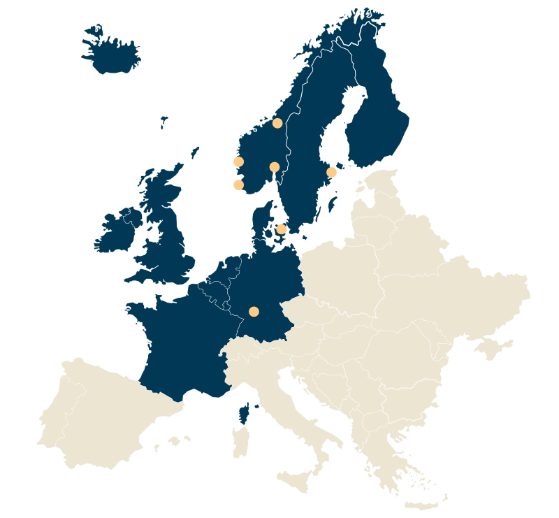A map of Europe and the Nordic countries where markets and cities in which we are represented are marked.