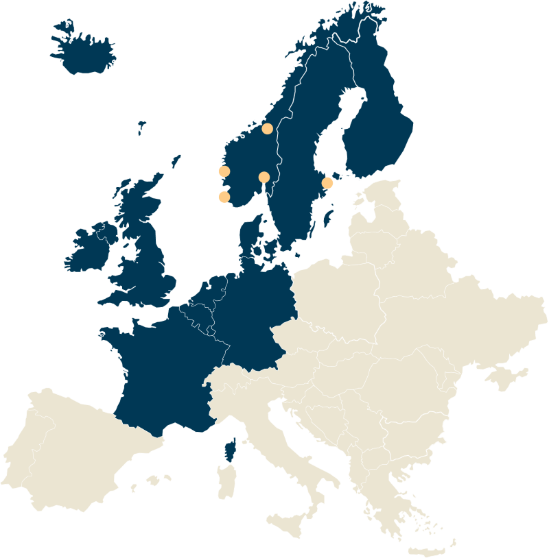 A map of Europe and the Nordic countries where markets and cities in which we are represented are marked.