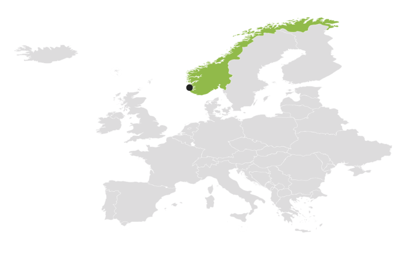 A map of Europe and the Nordic countries in which Norway and the city Stavanger is marked.