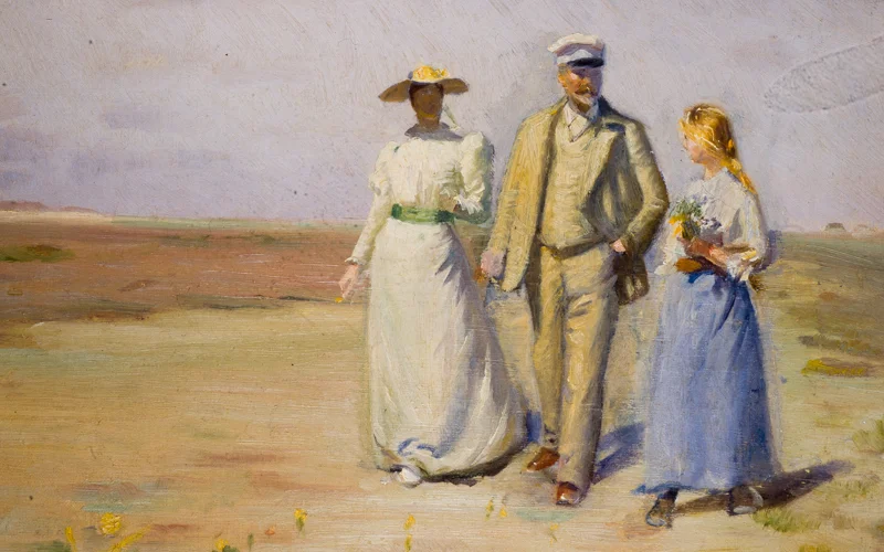 Peinture d'un homme et de deux femmes se promenant dans les landes danoises.