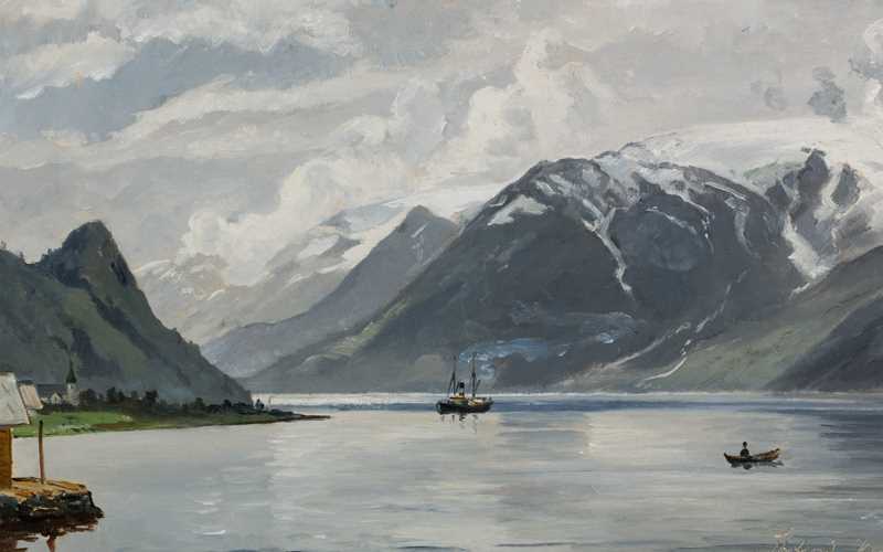 A Skagen painting of high mountains with snow on top and a fjord with boats.