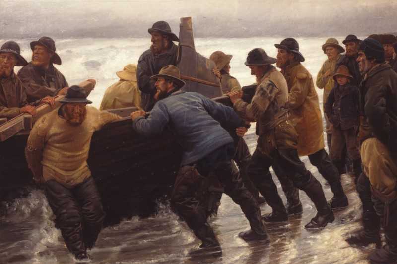A Skagen painting of a large group of fishermen launching a rowing boat.