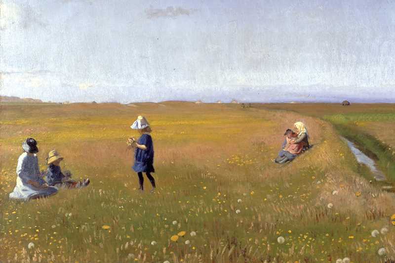 Painting of women and children picking flowers in meadow