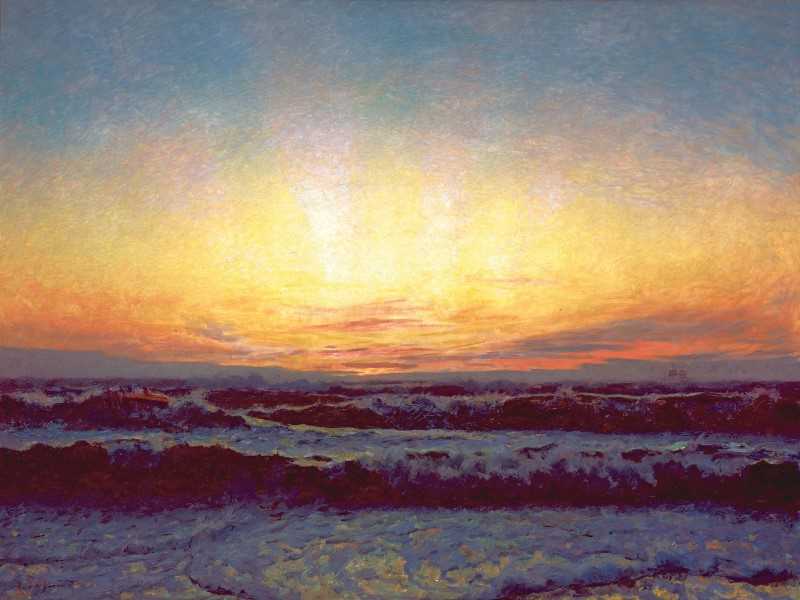 Painting of sunset behind the sea