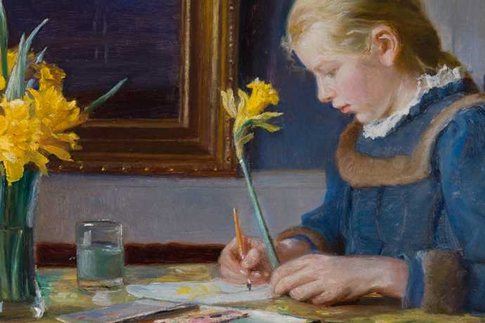 girl painting with daffodils
